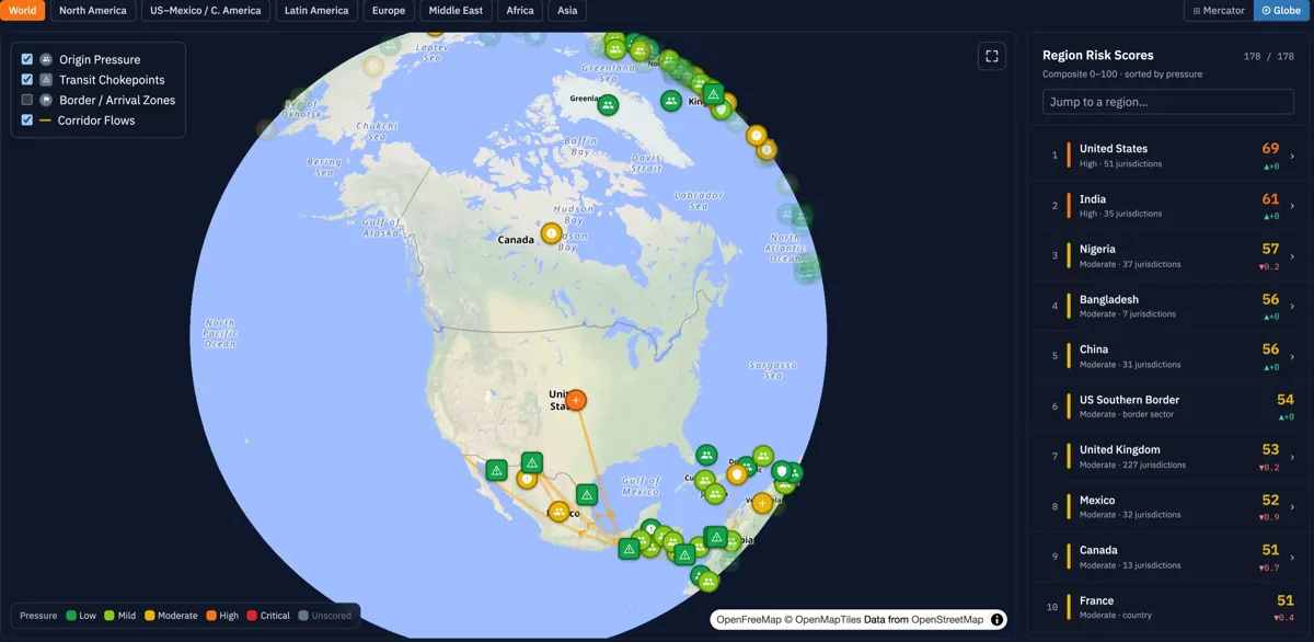 The LIMSS Risk Overview: a globe showing monitored regions and corridor flows, beside a ranked list of region risk scores.